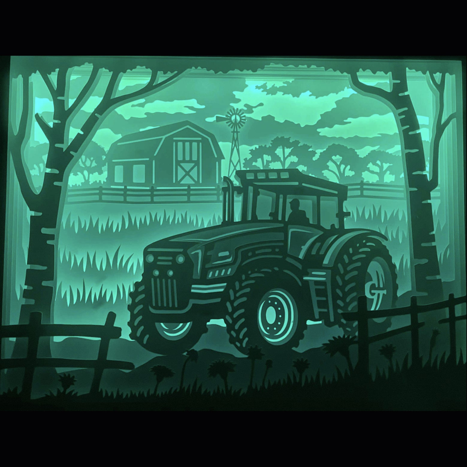 tracteur, tracteur de ferme, tracteur agricole, campagne, champs, labour, ferme et nature, engin agricole, silhouette tracteur, décor rural, tableau lumineux tracteur, lightbox campagne, shadowbox tracteur, papier découpé, décoration murale champêtre, idée cadeau agriculteur, déco ferme, univers agricole, cadre lumineux tracteur, travail de la terre
