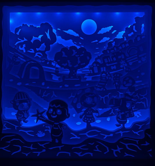 Animal Crossing, Animal Crossing New Horizons, Nintendo, Switch, villageois, Tom Nook, Isabelle, Marie, maison, campagne, nature, jeu vidéo culte, simulation de vie, tableau lumineux, lightbox, shadowbox, cadre lumineux, décoration murale, papier découpé, art lumineux, univers mignon, décor champêtre, monde virtuel, jeu détente, cadeau gamer, déco geek, idée cadeau Nintendo