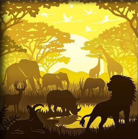 savane africaine, animaux sauvages, lion, girafe, éléphant, rhinocéros, zèbre, antilope, faune africaine, coucher de soleil, décor exotique, paysage d’Afrique, Serengeti, safari, nature sauvage, arbre acacia, troupeau d’animaux, univers africain, horizon doré, tableau lumineux, lightbox, shadowbox, cadre lumineux, décoration murale, papier découpé, art lumineux, idée cadeau nature, déco exotique