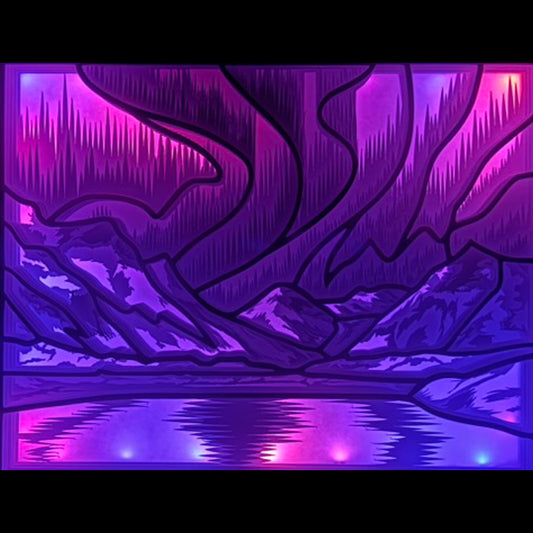 aurores boréales, northern lights, lueurs polaires, spectacle naturel, ciel étoilé, paysage nocturne, montagnes enneigées, reflet sur lac, nature sauvage, ciel coloré, phénomène lumineux, décor féerique, univers polaire, Scandinavie, Islande, Norvège, Laponie, tableau lumineux, lightbox, shadowbox, cadre lumineux, décoration murale, papier découpé, art lumineux, idée cadeau nature, déco nordique, ambiance magique