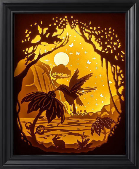 colibri, hummingbird, oiseau exotique, oiseau coloré, nature tropicale, fleurs exotiques, nectar, animal délicat, symbole de joie, énergie positive, univers féerique, art nature, tableau lumineux, lightbox, shadowbox, cadre lumineux, papier découpé, art lumineux, décoration murale, déco tropicale, idée cadeau nature, ambiance zen, déco exotique, oiseau en vol, harmonie, animal totem, beauté naturelle