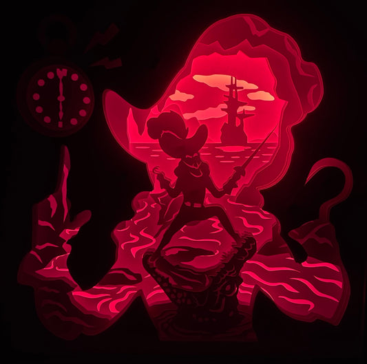 Capitaine Crochet, Captain Hook, Disney, Peter Pan, Neverland, méchant Disney, pirate légendaire, crochet doré, navire pirate, Jolly Roger, enfant perdu, fée Clochette, univers magique, conte classique, film d’animation culte, tableau lumineux, lightbox, shadowbox, cadre lumineux, décoration murale, papier découpé, art lumineux, idée cadeau Disney, déco féerique, cadeau geek, décor pirate, méchant culte Disney