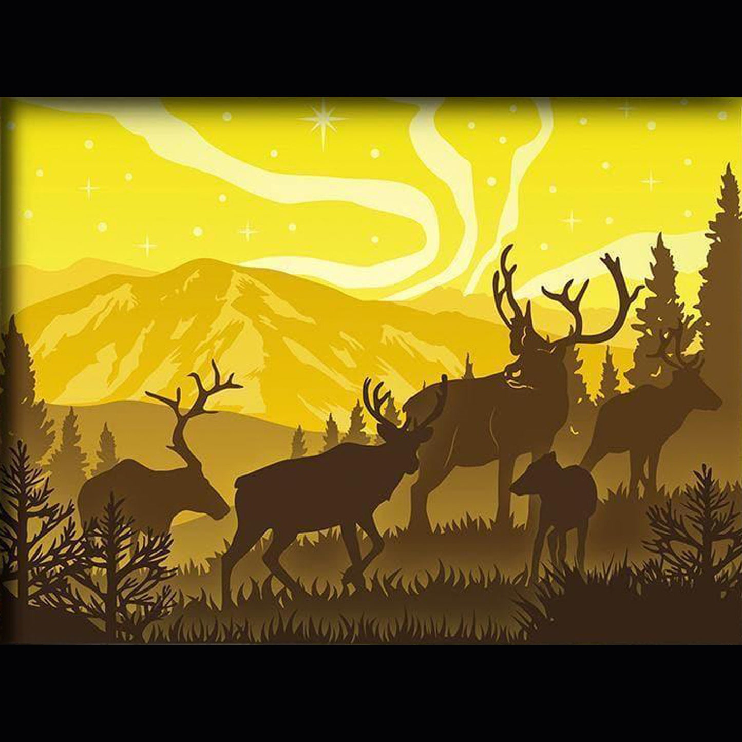 cerf, biche, faon, cervidé, forêt enchantée, animaux sauvages, nature, bois de cerf, clairière, univers féerique, paysage forestier, faune sauvage, harmonie naturelle, décor automnal, esprit de la forêt, tableau lumineux, lightbox, shadowbox, cadre lumineux, décoration murale, papier découpé, art lumineux, idée cadeau nature, déco zen, ambiance magique, scène poétique, animaux de la forêt