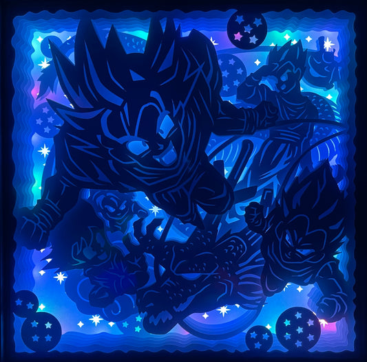 Dragon Ball Z, DBZ, Akira Toriyama, Son Goku, Vegeta, Sangohan, Piccolo, Trunks, Freezer, Cell, Majin Buu, Shenron, boules de cristal, super saiyan, Kamehameha, Genkidama, combat épique, anime culte, manga légendaire, univers fantastique, tableau lumineux, lightbox, shadowbox, cadre lumineux, papier découpé, art lumineux, décoration murale, idée cadeau manga, déco geek, cadeau otaku, saga Dragon Ball