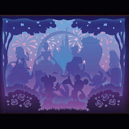 Disney, château Disney, fête au château, personnages Disney, Mickey, Minnie, Donald, Dingo, princesses Disney, Blanche-Neige, Cendrillon, Aurore, Belle, La Belle et la Bête, Peter Pan, fée Clochette, univers féerique, conte de fées, dessin animé culte, feux d’artifice, magie Disney, parc Disneyland, tableau lumineux, lightbox, shadowbox, cadre lumineux, papier découpé, art lumineux, décoration murale, idée cadeau Disney, déco féerique