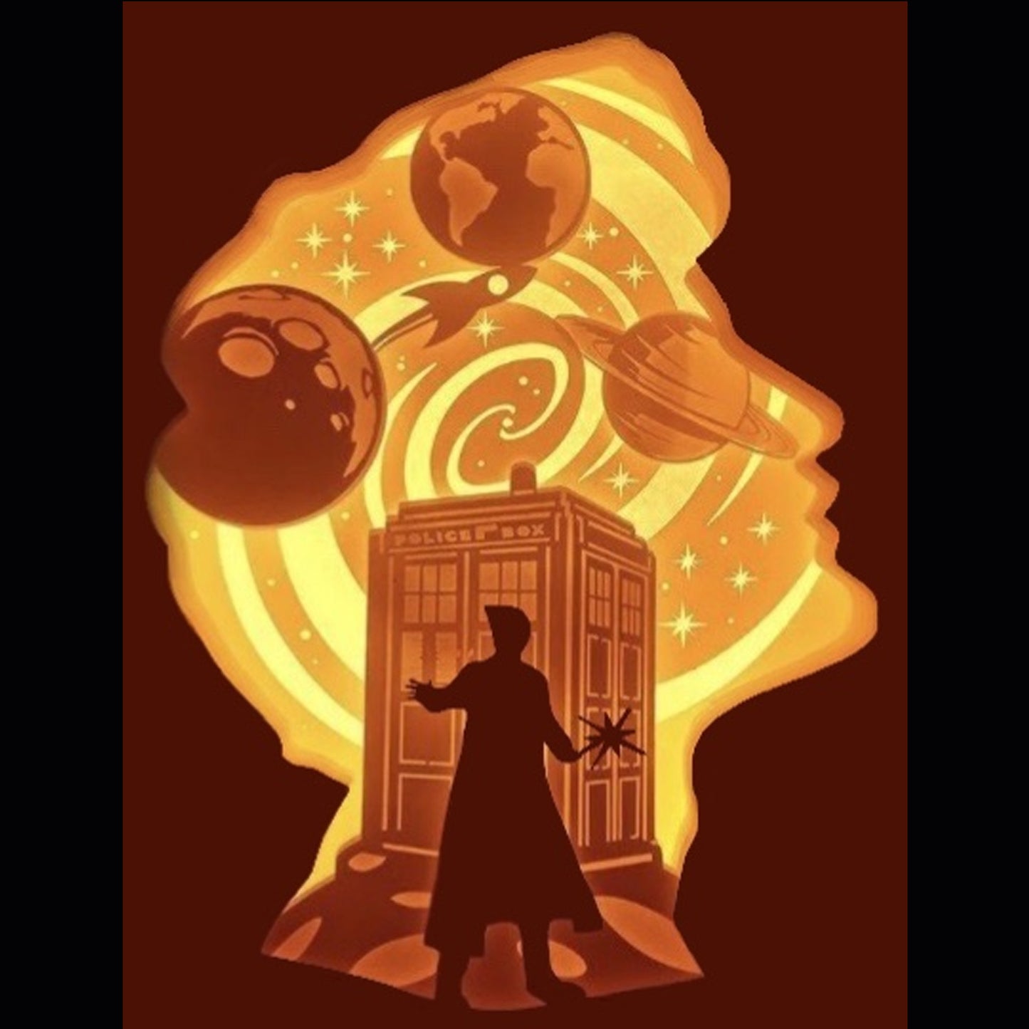 Doctor Who, BBC, TARDIS, voyage dans le temps, série culte britannique, Seigneur du Temps, Daleks, Cybermen, Gallifrey, univers de science-fiction, Doctor Who series, série culte, David Tennant, Matt Smith, Jodie Whittaker, compagnon du Docteur, univers temporel, machine à voyager dans le temps, tableau lumineux, lightbox, shadowbox, cadre lumineux, décoration murale, papier découpé, art lumineux, idée cadeau geek, déco série culte