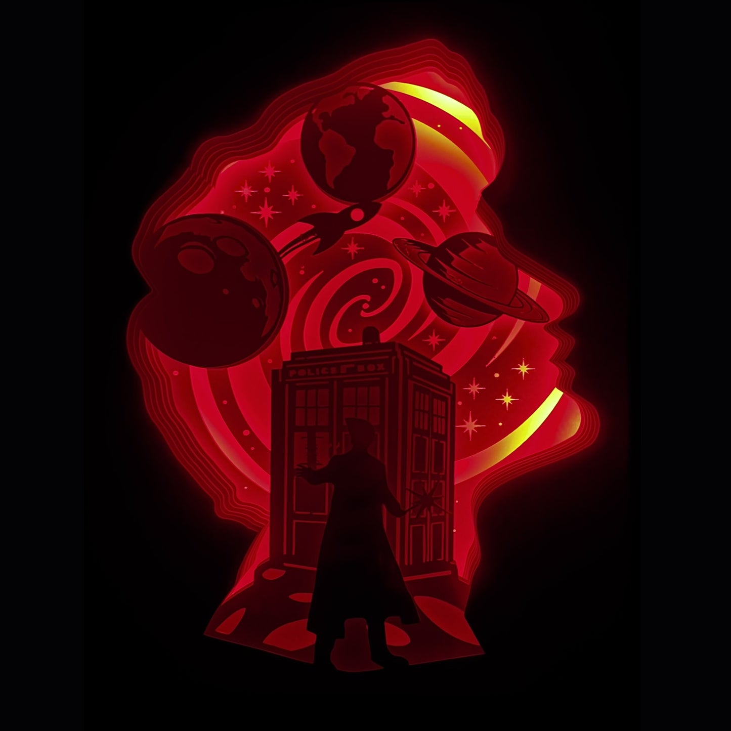 Doctor Who, BBC, TARDIS, voyage dans le temps, série culte britannique, Seigneur du Temps, Daleks, Cybermen, Gallifrey, univers de science-fiction, Doctor Who series, série culte, David Tennant, Matt Smith, Jodie Whittaker, compagnon du Docteur, univers temporel, machine à voyager dans le temps, tableau lumineux, lightbox, shadowbox, cadre lumineux, décoration murale, papier découpé, art lumineux, idée cadeau geek, déco série culte