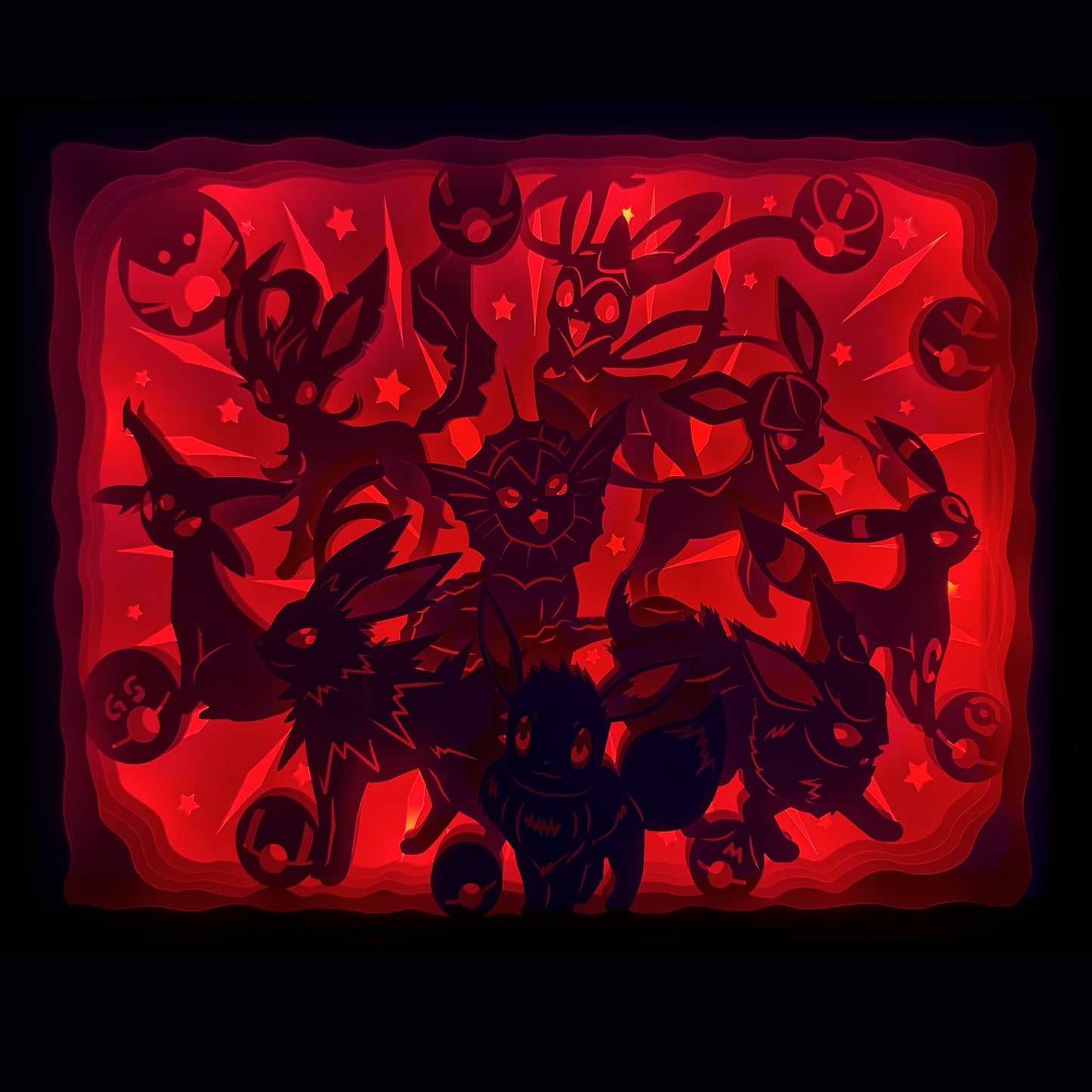 Pokémon, Pokemon, Évoli, Eevee, évolitions, Eeveelutions, Aquali, Vaporeon, Voltali, Jolteon, Pyroli, Flareon, Mentali, Espeon, Noctali, Umbreon, Phyllali, Leafeon, Givrali, Glaceon, Nymphali, Sylveon, évolution Pokémon, créature fantastique, manga culte, anime culte, jeu vidéo Pokémon, dresseur Pokémon, pokédex, univers Pokémon, tableau lumineux, lightbox, shadowbox, cadre lumineux, papier découpé, art lumineux, décoration murale, idée cadeau geek, cadeau fan Pokémon