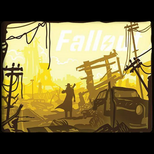 Fallout, Bethesda, Fallout 3, Fallout 4, Fallout New Vegas, Fallout 76, jeu vidéo culte, univers post-apocalyptique, wasteland, abri nucléaire, Vault Boy, Pip-Boy, Nuka Cola, power armor, guerre nucléaire, monde dévasté, rétro futuriste, RPG, action aventure, saga Fallout, tableau lumineux, lightbox, shadowbox, cadre lumineux, décoration murale, papier découpé, art lumineux, cadeau gamer, idée cadeau geek, déco jeu vidéo