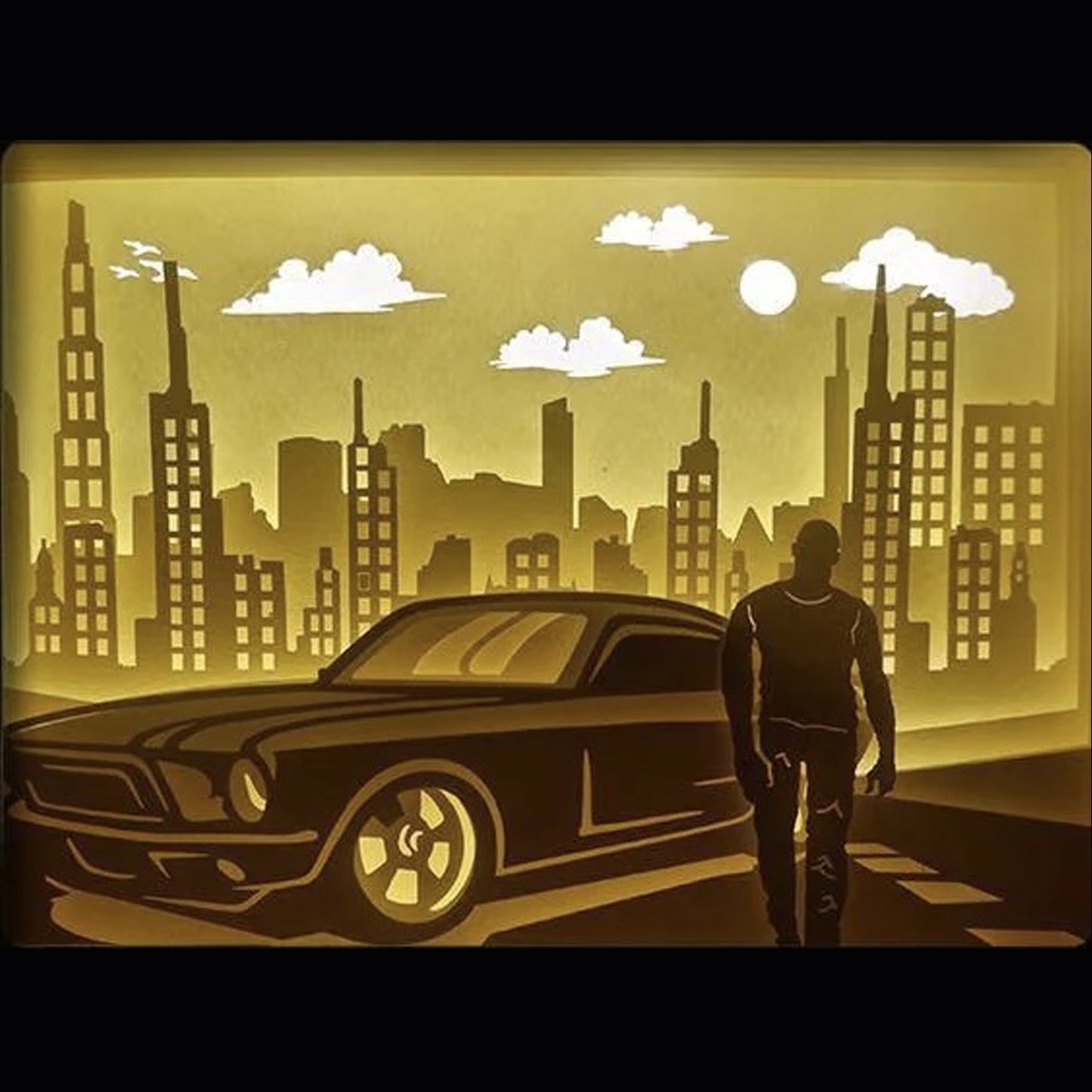 Fast and Furious, saga Fast and Furious, Vin Diesel, Dominic Toretto, Paul Walker, Brian O’Conner, voitures de course, tuning, muscle car, drift, course illégale, famille Fast and Furious, film d’action culte, saga cinéma, Hollywood, voitures rapides, univers automobile, adrénaline, tableau lumineux, lightbox, shadowbox, cadre lumineux, décoration murale, papier découpé, art lumineux, idée cadeau cinéma, déco geek, cadeau fan voitures
