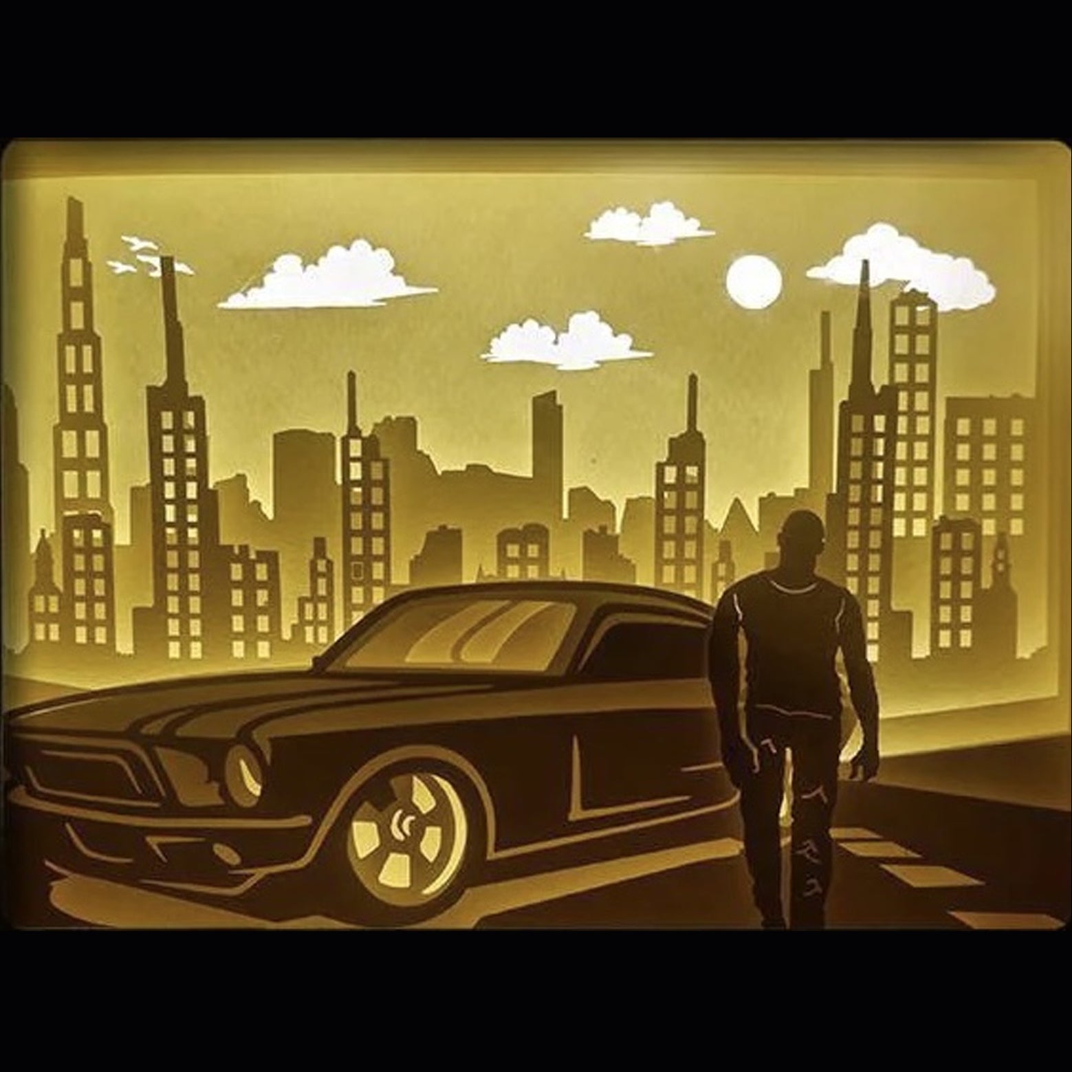 Fast and Furious, saga Fast and Furious, Vin Diesel, Dominic Toretto, Paul Walker, Brian O’Conner, voitures de course, tuning, muscle car, drift, course illégale, famille Fast and Furious, film d’action culte, saga cinéma, Hollywood, voitures rapides, univers automobile, adrénaline, tableau lumineux, lightbox, shadowbox, cadre lumineux, décoration murale, papier découpé, art lumineux, idée cadeau cinéma, déco geek, cadeau fan voitures
