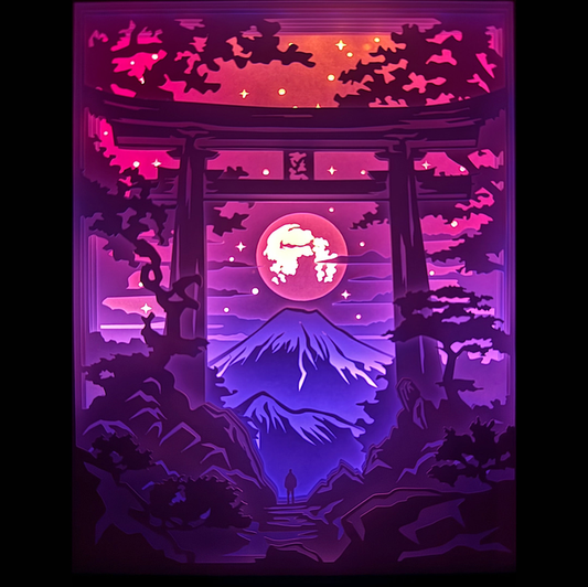 torii japonais, mont Fuji, Fuji-san, sanctuaire shinto, temple japonais, Japon traditionnel, spiritualité japonaise, culture nippone, cerisiers en fleurs, sakura, lac Kawaguchi, paysage japonais, univers zen, méditation, voyage au Japon, décor spirituel, architecture japonaise, nature et montagne, panorama majestueux, tableau lumineux, lightbox, shadowbox, cadre lumineux, papier découpé, art lumineux, décoration murale, idée cadeau zen, déco japonaise, ambiance méditative
