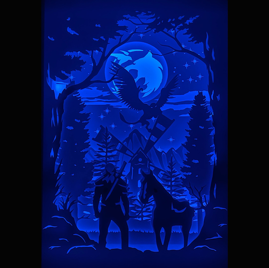 The Witcher, Andrzej Sapkowski, Geralt de Riv, Yennefer, Ciri, Jaskier, Kaer Morhen, chasseurs de monstres, sorceleur, épées d’argent et d’acier, signes magiques, Nilfgaard, les Stryges, univers médiéval fantastique, saga littéraire, jeu vidéo culte, CD Projekt Red, The Witcher 3 Wild Hunt, Netflix, Henry Cavill, série culte, fantasy épique, tableau lumineux, lightbox, shadowbox, cadre lumineux, papier découpé, art lumineux, décoration murale, idée cadeau geek, déco fantasy, cadeau fan The Witcher