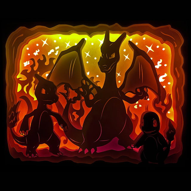 Pokémon, Pokemon, Salamèche, Charmander, Reptincel, Charmeleon, Dracofeu, Charizard, évolution Pokémon, starter Pokémon, type feu, attaque lance-flammes, Pikachu, Sacha, dresseur Pokémon, pokédex, combat Pokémon, arène Pokémon, créature légendaire, manga culte, anime culte, jeu vidéo Pokémon, univers fantastique, tableau lumineux, lightbox, shadowbox, cadre lumineux, papier découpé, art lumineux, décoration murale, idée cadeau geek, déco otaku, cadeau fan Pokémon