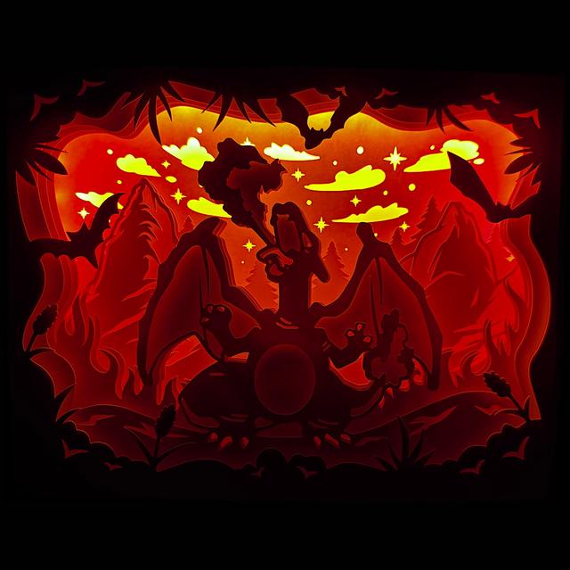 Pokémon, Pokemon, Dracofeu, Charizard, starter Pokémon, Salamèche, Reptincel, évolution Pokémon, type feu, type vol, attaque lance-flammes, Pikachu, Sacha, dresseur Pokémon, pokédex, combat Pokémon, arène Pokémon, légende Pokémon, manga culte, anime culte, jeu vidéo Pokémon, créature fantastique, tableau lumineux, lightbox, shadowbox, cadre lumineux, papier découpé, art lumineux, décoration murale, idée cadeau geek, déco otaku, cadeau fan Pokémon