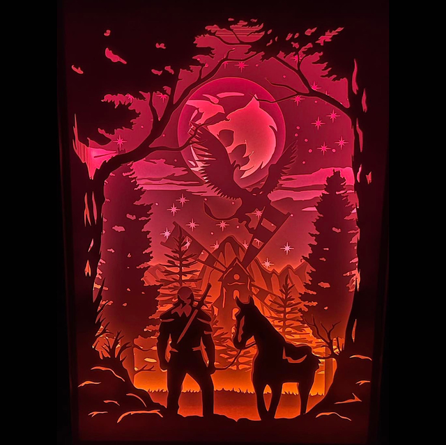 The Witcher, Andrzej Sapkowski, Geralt de Riv, Yennefer, Ciri, Jaskier, Kaer Morhen, chasseurs de monstres, sorceleur, épées d’argent et d’acier, signes magiques, Nilfgaard, les Stryges, univers médiéval fantastique, saga littéraire, jeu vidéo culte, CD Projekt Red, The Witcher 3 Wild Hunt, Netflix, Henry Cavill, série culte, fantasy épique, tableau lumineux, lightbox, shadowbox, cadre lumineux, papier découpé, art lumineux, décoration murale, idée cadeau geek, déco fantasy, cadeau fan The Witcher