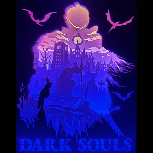 Dark Souls, FromSoftware, Elden Ring, Demon’s Souls, jeu vidéo culte, action RPG, univers dark fantasy, feu de camp, bonfire, épée légendaire, armure médiévale, boss Dark Souls, héros maudit, guerrier sombre, lore mystérieux, difficulté extrême, jeu culte, monde fantastique, tableau lumineux, lightbox, shadowbox, cadre lumineux, décoration murale, papier découpé, art lumineux, cadeau gamer, idée cadeau geek, déco jeu vidéo