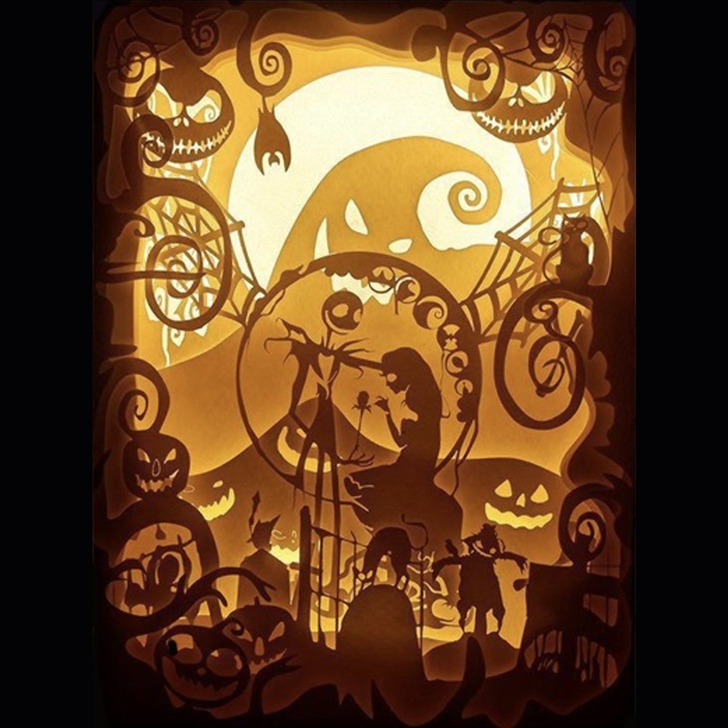 L’Étrange Noël de Monsieur Jack, The Nightmare Before Christmas, Tim Burton, Disney, Jack Skellington, Sally, Oogie Boogie,roi des citrouilles, citrouille, squelette, personnage culte, univers gothique, film d’animation culte, stop motion, Halloween Town, Noël magique, film sombre et féerique, héros emblématique, tableau lumineux, lightbox, shadowbox, cadre lumineux, papier découpé, art lumineux, décoration murale, idée cadeau Disney, déco geek