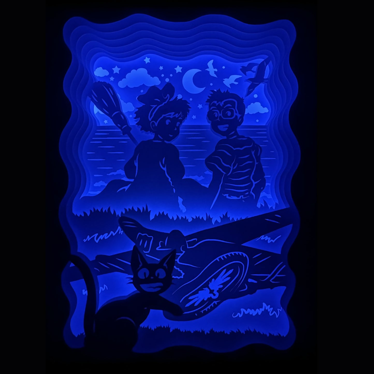 Kiki la petite sorcière, Kiki’s Delivery Service, Studio Ghibli, Hayao Miyazaki, Jiji le chat, film d’animation japonais, sorcière apprentie, balai volant, univers magique, ciel étoilé, ville portuaire, dessin animé culte, manga adapté, héroïne Ghibli, ambiance féerique, voyage initiatique, conte animé, film culte Ghibli, tableau lumineux, lightbox, shadowbox, cadre lumineux, papier découpé, art lumineux, décoration murale, idée cadeau otaku, déco geek, cadeau fan Ghibli