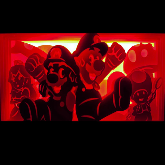 Mario, Luigi, princesse Peach, Super Mario, Nintendo, Bowser, Yoshi, Toad, Donkey Kong, Mario Kart, Super Mario Bros, Super Mario Odyssey, univers coloré, aventure Nintendo, jeu vidéo culte, héros moustachus, héroïne Nintendo, château de Peach, power-up, étoile invincible, champignons, tuyaux verts, personnage emblématique, tableau lumineux, lightbox, shadowbox, cadre lumineux, papier découpé, art lumineux, décoration murale, idée cadeau gamer, déco geek, cadeau fan Nintendo