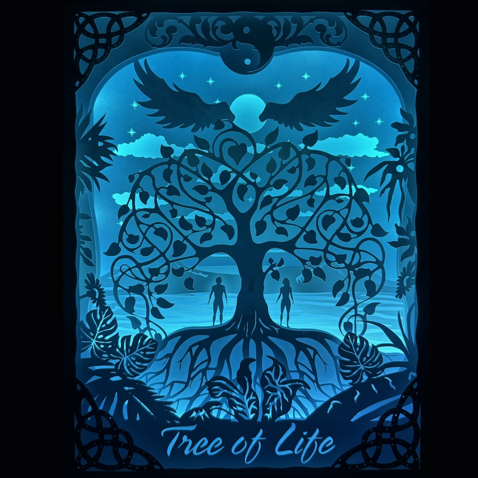 arbre de vie, tree of life, symbole spirituel, énergie vitale, connexion univers, racines et branches, harmonie, équilibre, spiritualité, symbole sacré, yin yang, univers mystique, renaissance, force intérieure, nature, croissance, art spirituel, tableau lumineux, lightbox, shadowbox, cadre lumineux, décoration murale, papier découpé, art lumineux, idée cadeau spirituel, déco zen, mandala, symbole celtique, arbre sacré, univers magique