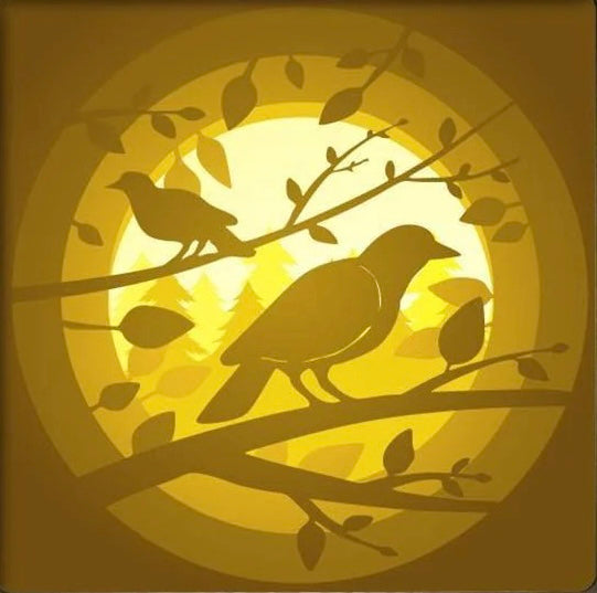 oiseaux, oiseaux sur une branche, oiseaux au clair de lune, oiseaux au coucher du soleil, forêt, nature, faune sauvage, silhouettes d’oiseaux, scène poétique, ambiance zen, univers naturel, décor forestier, animaux libres, symbole de liberté, art lumineux, tableau lumineux, lightbox, shadowbox, cadre lumineux, papier découpé, décoration murale, idée cadeau nature, déco spirituelle, ambiance apaisante, cadeau animal totem, déco zen