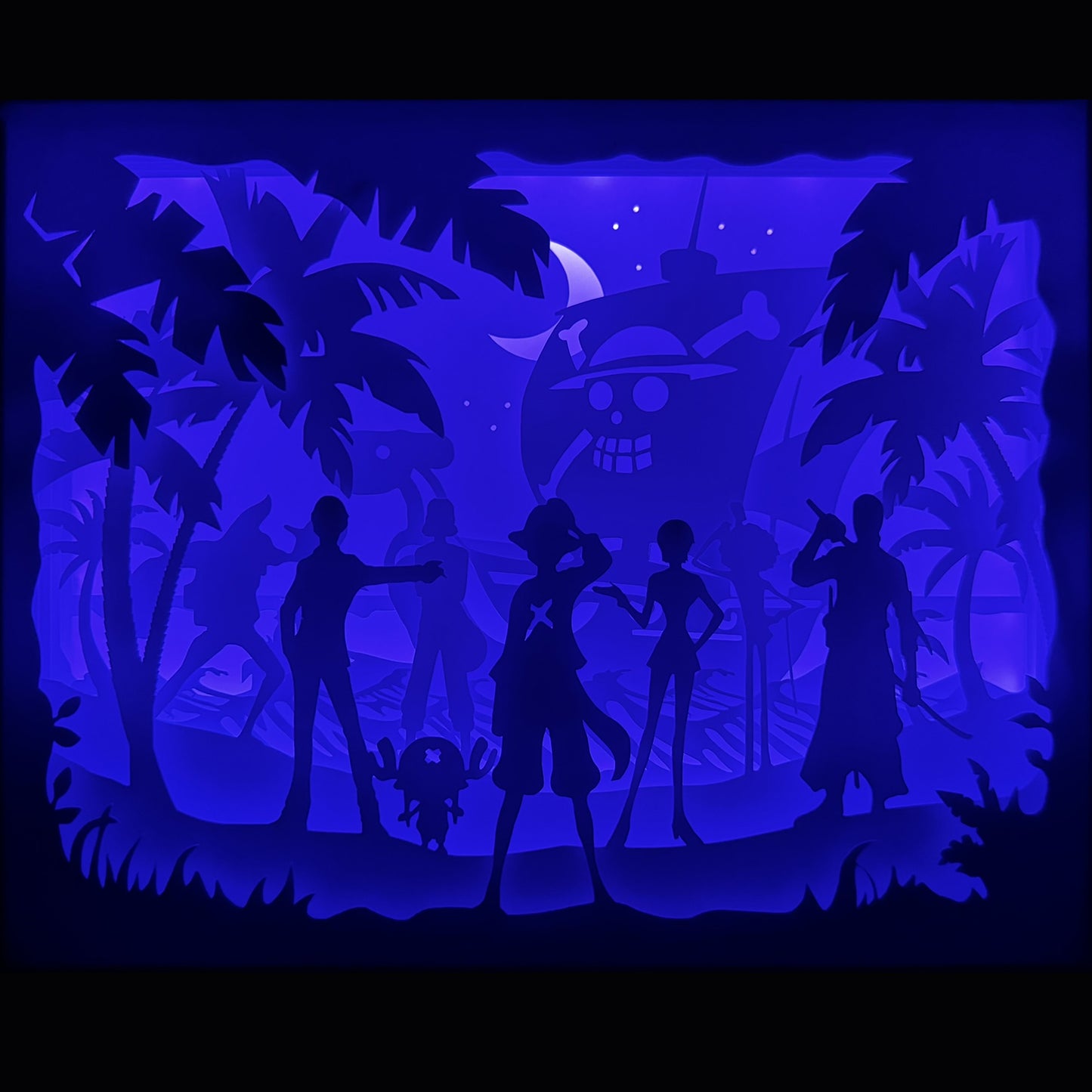 One Piece, Eiichiro Oda, manga culte, anime culte, Luffy, Zoro, Nami, Usopp, Sanji, Chopper, Robin, Franky, Brook, Jinbe, équipage du chapeau de paille, Mugiwara, Thousand Sunny, Going Merry, Grand Line, Nouveau Monde, île tropicale, pirates, trésor One Piece, aventure maritime, univers fantastique, tableau lumineux, lightbox, shadowbox, cadre lumineux, papier découpé, art lumineux, décoration murale, idée cadeau manga, déco geek, cadeau otaku