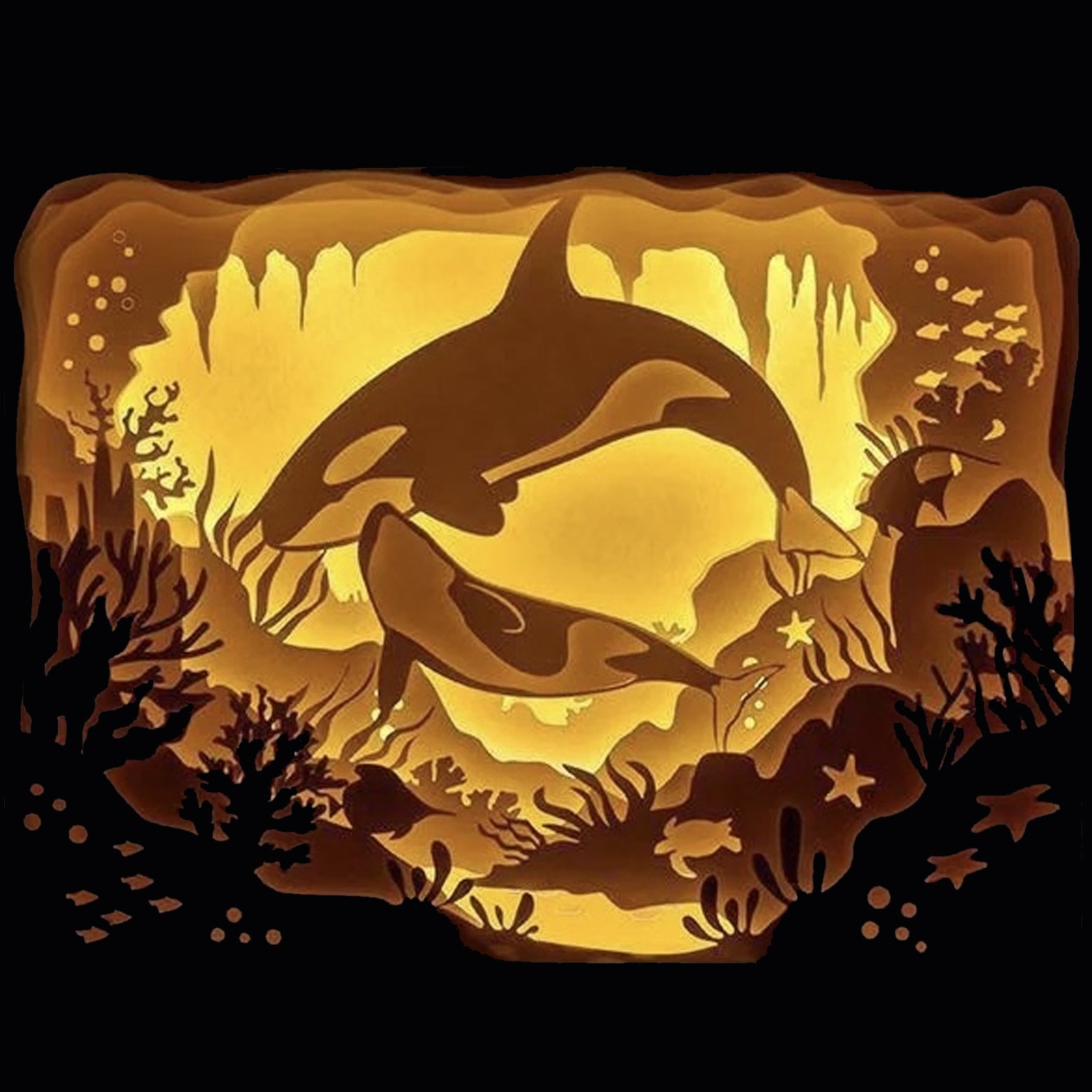 orques, orca, épaulard, baleine tueuse, océan, mer, mammifère marin, faune marine, univers aquatique, plongée sous-marine, animaux marins, banc d’orques, nage synchronisée, nature sauvage, vie marine, géant des mers, symbole de liberté, univers océanique, décor marin, tableau lumineux, lightbox, shadowbox, cadre lumineux, papier découpé, art lumineux, décoration murale, idée cadeau nature, déco marine, ambiance apaisante