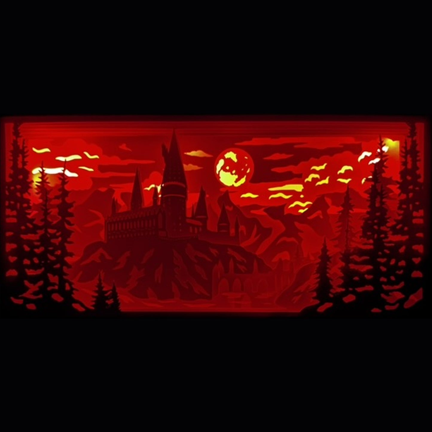 Poudlard, Hogwarts, Harry Potter, J.K. Rowling, château de Poudlard, école de sorcellerie, Gryffondor, Serpentard, Poufsouffle, Serdaigle, univers magique, saga Harry Potter, film culte, élèves sorciers, professeurs de magie, Dumbledore, monde fantastique, magie, château enchanté, dessin animé culte, tableau lumineux, lightbox, shadowbox, cadre lumineux, papier découpé, art lumineux, décoration murale, idée cadeau geek, déco magique, cadeau fan Harry Potter