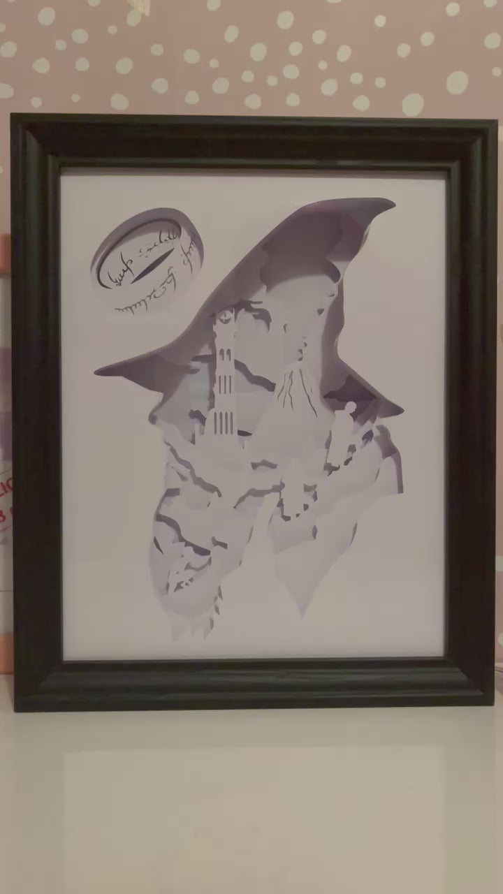 Le Seigneur des Anneaux, Lord of the Rings, J.R.R. Tolkien, Frodon, Gandalf, Aragorn, Legolas, Gimli, Sam, Gollum, Sauron, anneau unique, communauté de l’anneau, univers fantasy, Terre du Milieu, film culte, trilogie Peter Jackson, bataille épique, Mordor, comté, saga culte, héros légendaires, tableau lumineux, lightbox, shadowbox, cadre lumineux, papier découpé, art lumineux, décoration murale, idée cadeau geek, déco fantasy, cadeau fan Tolkien