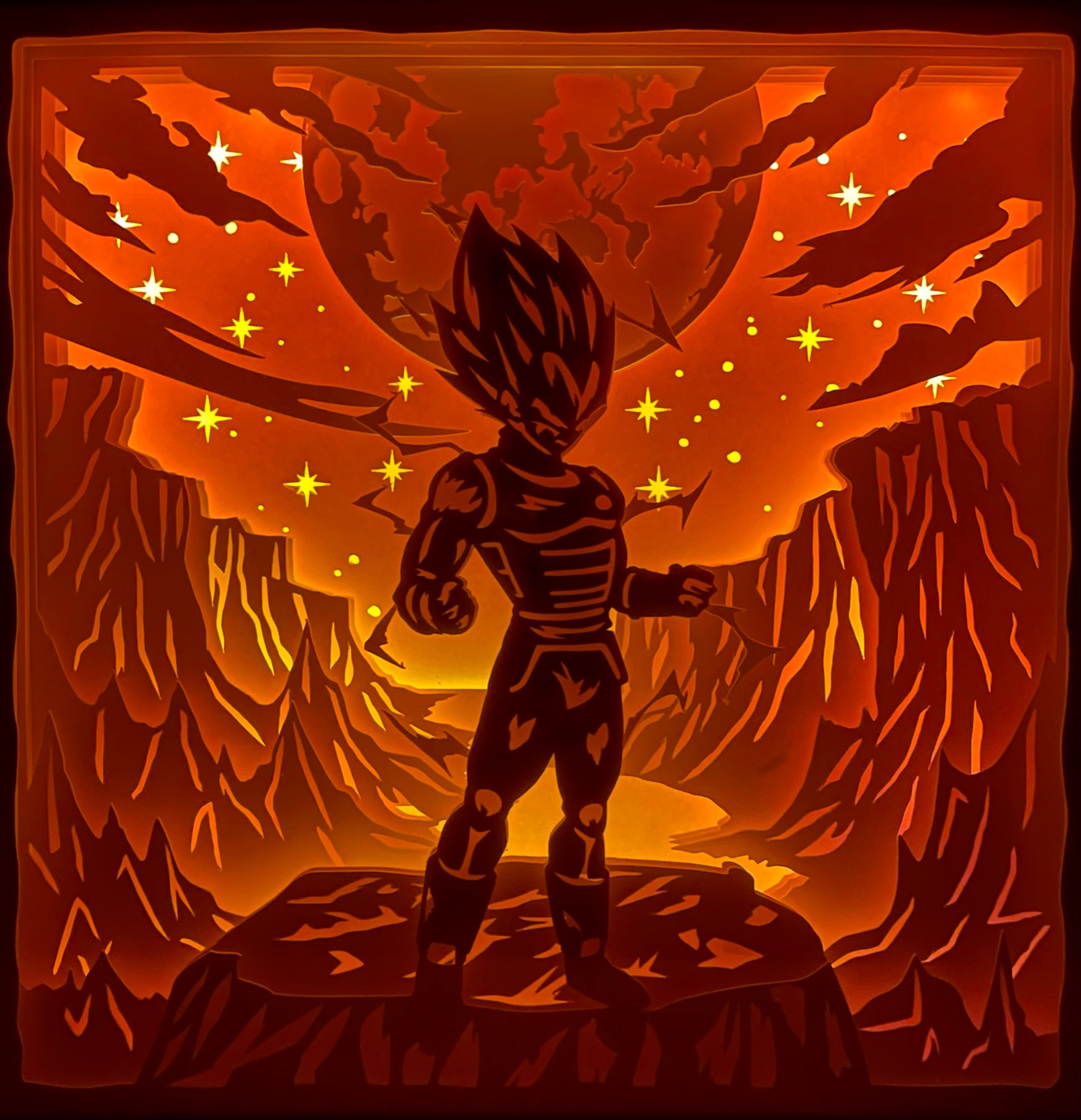 Vegeta, Dragon Ball, Dragon Ball Z, Dragon Ball Super, prince des Saiyans, rival de Goku, super saiyan, guerrier Saiyan, manga culte, anime culte, Akira Toriyama, combat épique, saga DBZ, personnage emblématique, Majin Vegeta, guerrier de l’espace, univers fantastique, tableau lumineux, lightbox, shadowbox, cadre lumineux, papier découpé, art lumineux, décoration murale, idée cadeau manga, déco geek, cadeau otaku