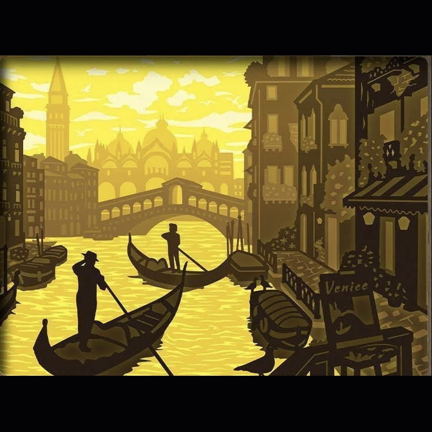 Venise, Italie, gondole, canal, pont des soupirs, architecture italienne, ville romantique, coucher de soleil, voyage, paysage urbain, tableau lumineux Venise, lightbox décorative, shadowbox, cadre lumineux, papier découpé, décoration murale, idée cadeau voyage, art lumineux, escapade italienne, destination romantique