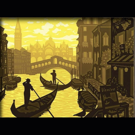 Venise, Italie, gondole, canal, pont des soupirs, architecture italienne, ville romantique, coucher de soleil, voyage, paysage urbain, tableau lumineux Venise, lightbox décorative, shadowbox, cadre lumineux, papier découpé, décoration murale, idée cadeau voyage, art lumineux, escapade italienne, destination romantique