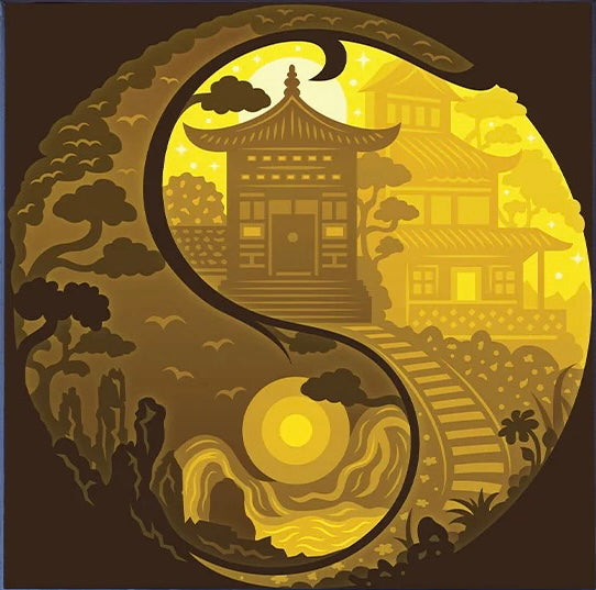 yin yang, symbole yin yang, temple asiatique, pagode, équilibre jour et nuit, dualité, harmonie, feng shui, méditation, sérénité, art spirituel, décoration asiatique, univers zen, tableau lumineux yin yang, shadowbox asiatique, lightbox zen, cadre lumineux feng shui, papier découpé, art asiatique, idée cadeau zen, déco spirituelle, ambiance méditative, art lumineux yin yang