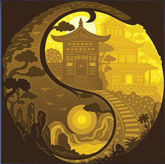 yin yang, symbole yin yang, temple asiatique, pagode, équilibre jour et nuit, dualité, harmonie, feng shui, méditation, sérénité, art spirituel, décoration asiatique, univers zen, tableau lumineux yin yang, shadowbox asiatique, lightbox zen, cadre lumineux feng shui, papier découpé, art asiatique, idée cadeau zen, déco spirituelle, ambiance méditative, art lumineux yin yang